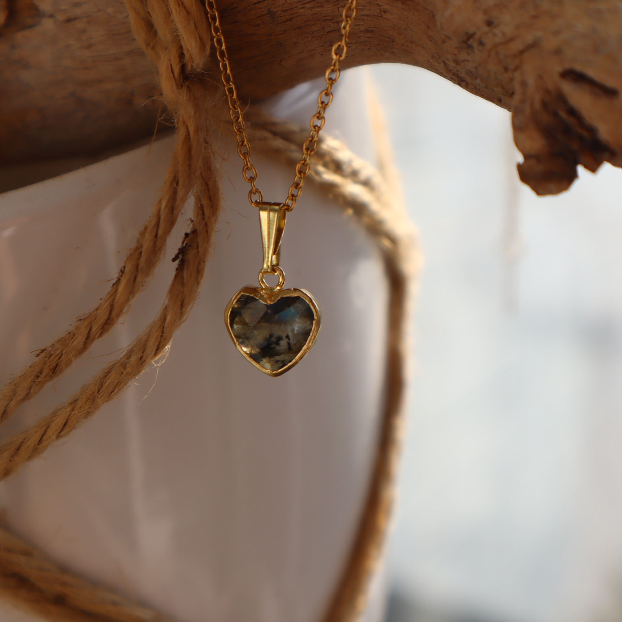 RVS ketting Labradorite  Hart