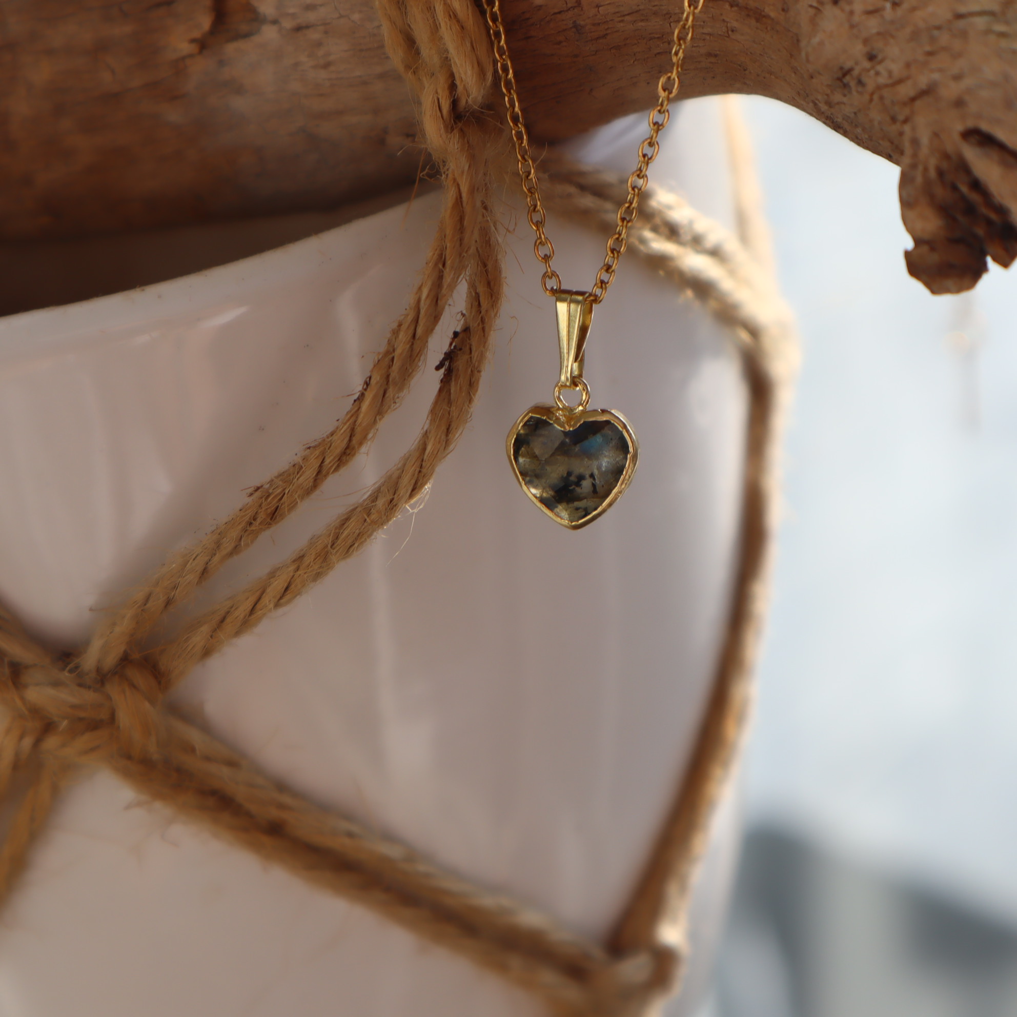 RVS ketting Labradorite  Hart